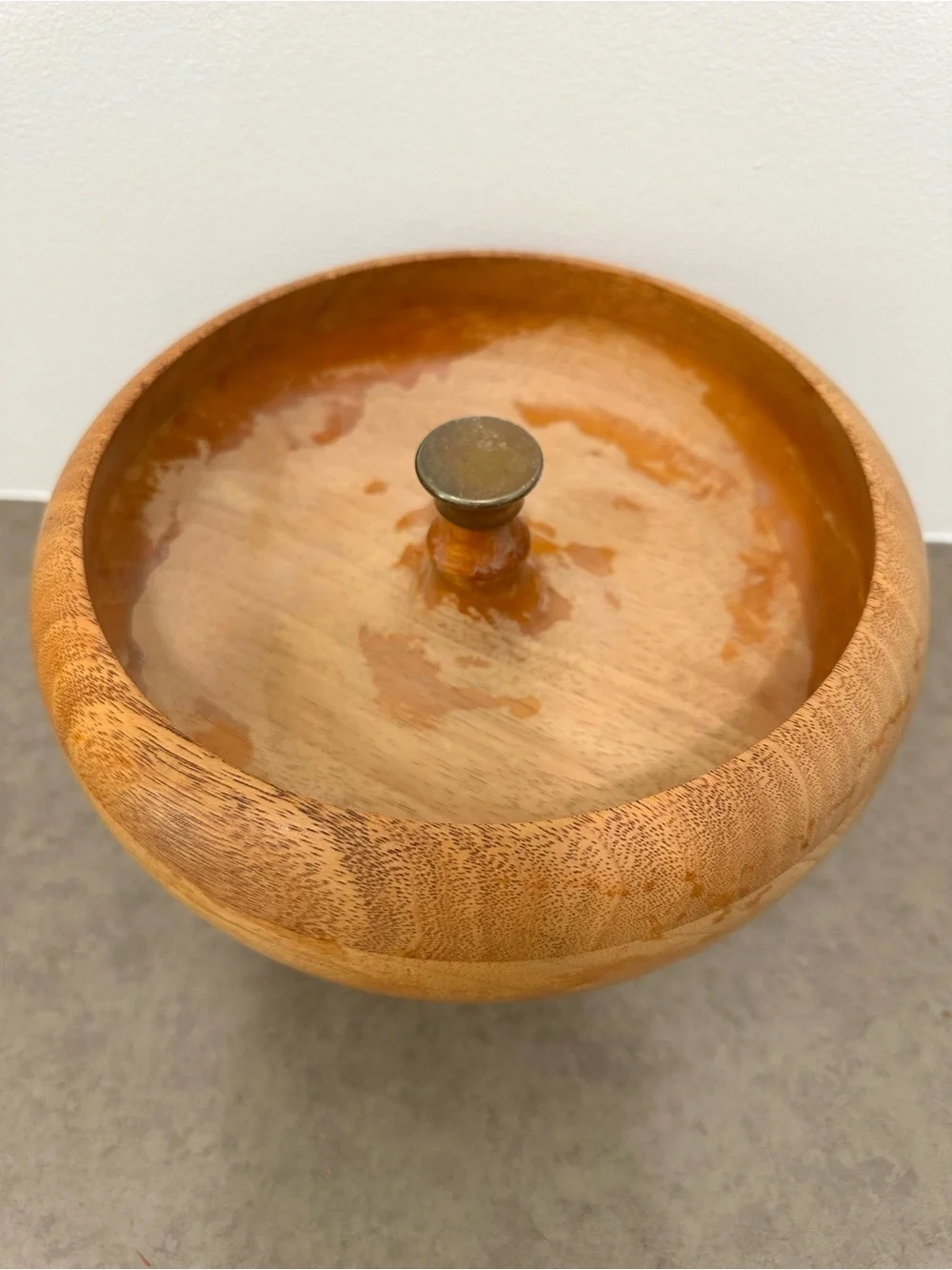 Vintage Hand-Turned Wood Pedestal Nut Bowl Warm Honey Brown Brass Cracking Anvil